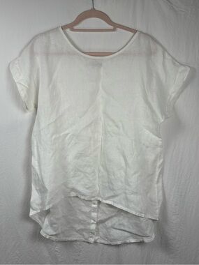 Terzo Millennio Relaxed White Short-Sleeve Linen-Tunic top High-Low Hem Italian